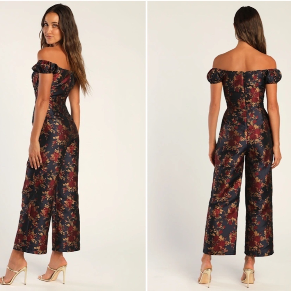 LULU's Sexy Chic Elegant Wedding Floral Sophisitcated Off the Shoulder Jumpsuit - Picture 4 of 6